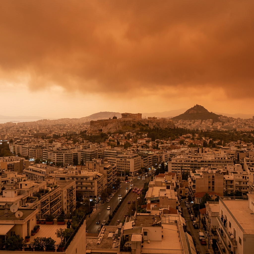 Σκόνη από Αφρική πότε φευγει: Το «πορτοκαλί» σκηνικό που μας έκοψε την ανάσα – Η ημερομηνία που καθαρίζει ο ουρανός